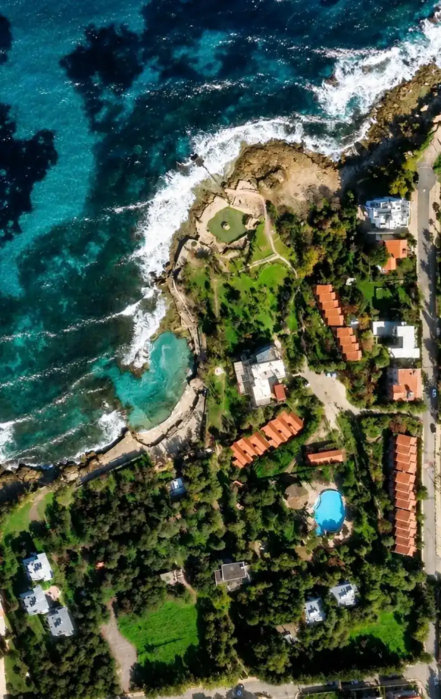 Aerial view of Riviera gardens and coast