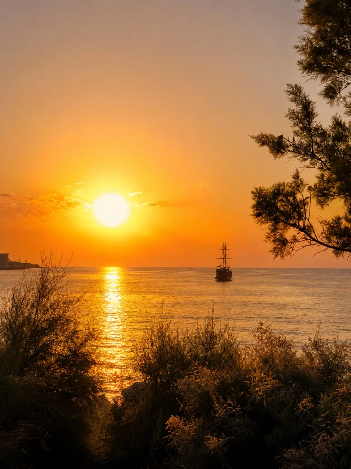 Sunset over the sea with a boat near Riviera Beach Bungalows